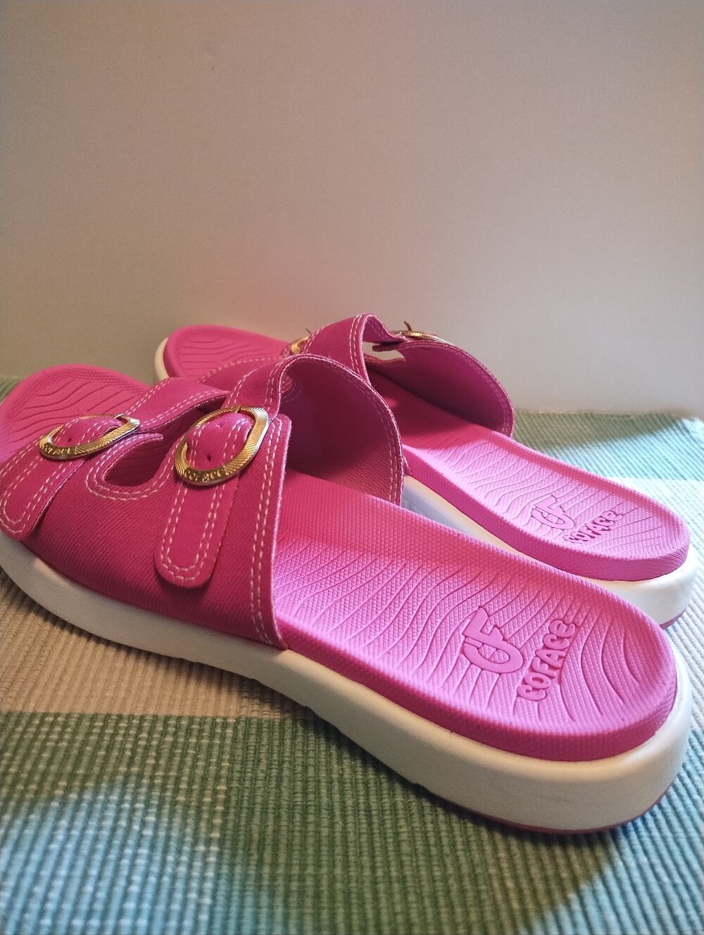 Coface Women’s Pink Slide Sandals with Gold Buckles